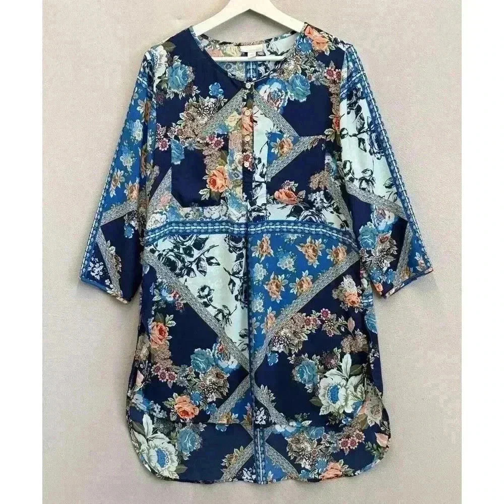 Westport 1962 Women's Sz M Multicolor Floral Lightweight Sheer Hi-Low Tunic Top